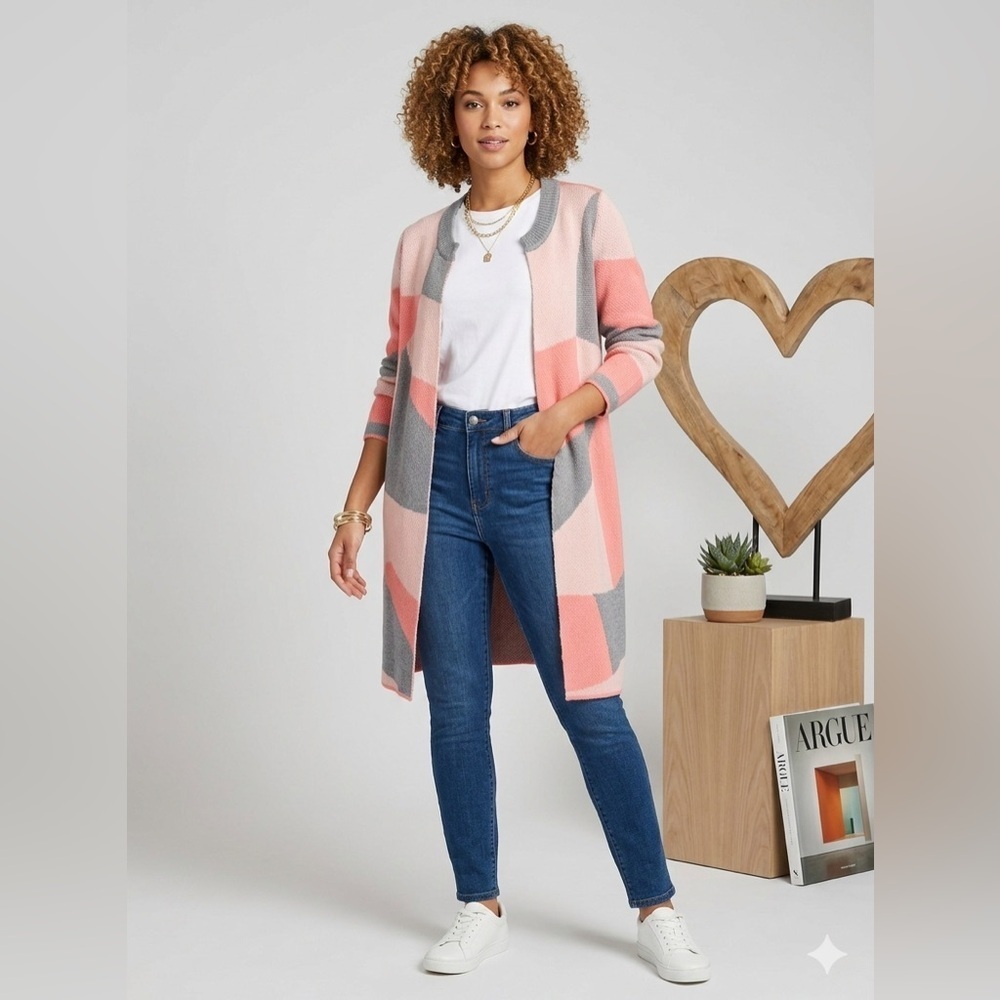 Vero Moda Geometric Color-Block Duster Cardigan LARGE Coral Pink Abstract Pastel
